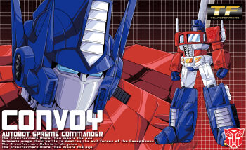 1980s_(style) autobot blue_eyes english_text highres insignia kamishima_kanon machine machinery mask mecha mouth_mask no_humans oldschool optimus_prime retro_artstyle robot science_fiction solo transformers transformers:_generation_1