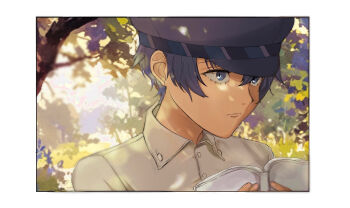 1girl blue_hair blue_hat book border buttons closed_mouth collared_shirt commentary_request eyelashes hat highres looking_ahead open_book outdoors persona persona_4 reverse_trap shirogane_naoto shirt short_hair solo tree usa_(kawaii_152cm) white_border white_shirt