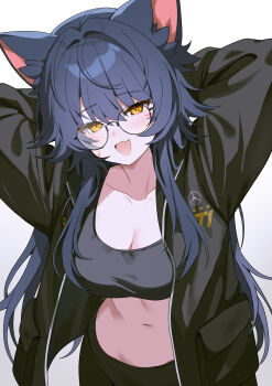 1girl :d absurdres ahri_(league_of_legends) alternate_costume animal_ears arms_behind_head black-framed_eyewear black_hair black_jacket black_pants black_sports_bra breasts collarbone commentary cowboy_shot facial_mark fang fox_ears fox_girl glasses hands_up hashtag-only_commentary highres jacket large_breasts league_of_legends long_hair long_sleeves looking_at_viewer midriff navel open_mouth pants pelicana simple_background skin_fang smile solo sports_bra t1_(esports) whisker_markings white_background yellow_eyes