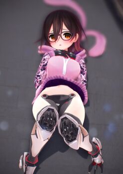 1girl artificial_limb blush glasses highres hololive hood hoodie legs looking_at_viewer lying on_back pov roboco-san roboco-san_(hoodie) short_hair solo thighs virtual_youtuber