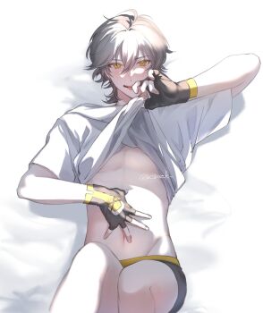 1boy black_gloves black_male_underwear caelus_(honkai:_star_rail) clothes_lift fingerless_gloves gloves grey_hair hair_between_eyes highres honkai:_star_rail honkai_(series) kurashiki_(kas0) lying male_focus male_underwear navel open_clothes open_mouth open_shirt shirt shirt_lift short_hair solo stomach tongue tongue_out trailblazer_(honkai:_star_rail) underwear white_shirt yellow_eyes