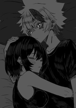 Rule 34 | 1boy, 1girl, birthmark, breasts, bright pupils, closed eyes, glowing, glowing eyes, hand on another's head, headpat, highres, hug, lineart, monochrome, mothinus, multicolored hair, nue no onmyouji, on bed, shirt, short sleeves, siblings, sleeveless, spiked hair, step-siblings, streaked hair, tomesode shitotsu, yajima gakuro