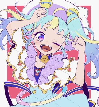 1girl ;d ahoge bell blue_collar blue_dress blue_hair border capelet collar commentary_request cowboy_shot dress hands_up highres long_hair looking_at_viewer multicolored_hair myamu neck_bell nojima_minami one_eye_closed open_mouth outside_border pink_background pretty_series purple_eyes smile solo standing streaked_hair twintails waccha_primagi! white_border white_capelet