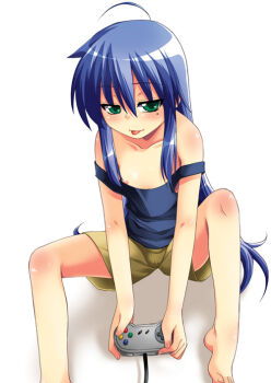 00s 1girl :p ahoge bad_id bad_pixiv_id bare_shoulders barefoot blue_hair blush breasts downblouse feet female_focus game_console green_eyes hijiri_tsukasa izumi_konata kiyoshi_tsukasa loli long_hair lucky_star mole mole_under_eye nipple_slip nipples playing_games shorts small_breasts solo strap_slip super_famicom tank_top tongue tongue_out video_game