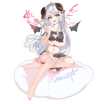 1girl absurdres ahoge arm_tattoo bare_legs barefoot bikini black_bikini blunt_bangs breasts cleavage_cutout clothing_cutout commentary_request demon_girl demon_horns demon_tail demon_wings detached_wings flower_tattoo frilled_bikini frills full_body hair_ornament hairclip heart heart-shaped_pupils heart_cutout highres holding holding_microphone horns kolimiya long_hair looking_at_viewer microphone mole mole_under_eye navel open_mouth original signature simple_background sitting small_breasts smile solo strap_slip swimsuit symbol-shaped_pupils tail tattoo translation_request white_background white_hair wings yellow_eyes