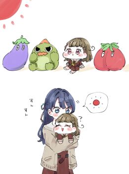 Rule 34 | 2girls, :>, :d, ?, ^ ^, blue eyes, blue hair, blush, brown cardigan, brown dress, cardigan, carrying, carrying person, chibi, child carry, closed eyes, closed mouth, commentary request, dollchestra, dress, gonzales (love live!), hair intakes, half updo, hasu no sora school uniform, highres, kachimachi kosuzu, link! like! love live!, long hair, long sleeves, looking at another, love live!, moso (expect66), motion lines, multiple girls, murano sayaka, nasu-san (love live!), neckerchief, open cardigan, open clothes, open mouth, sailor collar, sailor dress, school uniform, smelling, smile, spoken sun, stuffed dinosaur, stuffed eggplant, stuffed tomato, sun, tomati (love live!), virtual youtuber, white sailor collar, winter uniform, yellow neckerchief