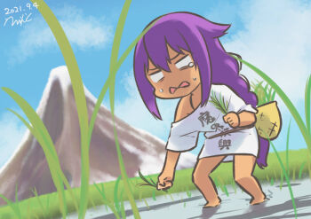 1girl bare_legs basket braid braided_ponytail clothes_writing crying dark-skinned_female dark_skin dated errant full_body grass hair_flaps highres jahy jahy-sama_wa_kujikenai! long_hair mountain naked_shirt off_shoulder outdoors oversized_clothes purple_hair rice_(plant) rice_paddy shirt signature single_braid sky solo t-shirt tears tensui_no_sakuna-hime very_long_hair voice_actor_connection