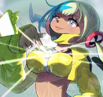 1girl aqua_hair bandeau black_mask blonde_hair blue_eyes blush breasts canari_(pokemon) closed_mouth commentary_request criss-cross_straps dark-skinned_female dark_skin gen_4_pokemon glowing h_renah jacket large_breasts long_sleeves mask mask_pull mega_stone mouth_mask multicolored_hair nintendo pokemon pokemon_(creature) pokemon_legends:_z-a rotom rotom_phone short_twintails smile solo split-color_hair sports_bra twintails two-tone_hair two-tone_mask upper_body yellow_bandeau yellow_jacket yellow_mask yellow_sports_bra