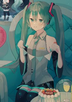 absurdres aqua_eyes aqua_hair aqua_nails aqua_necktie black_skirt black_sleeves cake detached_sleeves food grey_shirt hatsune_miku headphones headset highres long_hair necktie number_tattoo shirt sitting skirt sleeveless sleeveless_shirt tattoo twintails usagifuku vocaloid
