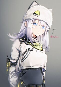 1girl animal_ears arknights arknights:_endfield artist_name bandaid bandaid_on_face black_bodysuit blue_eyes bodysuit bodysuit_under_clothes breasts bright_pupils cat_ears colored_eyelashes crop_top estella_(arknights) gradient_background grey_background half-closed_eyes highres looking_at_viewer parted_lips sakuratani_hane shirt short_hair small_breasts solo squeans upper_body white_eyes white_hair white_pupils white_shirt