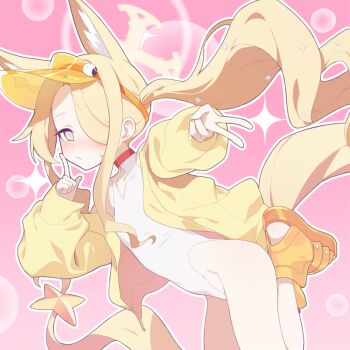 1girl animal_ears bad_tag blue_archive blush embarrassed fox_ears fox_girl furry game_cg hair_between_eyes hat jacket looking_at_viewer nervous nervous_sweating non-web_source official_art one-piece_swimsuit seia_(blue_archive) seia_(swimsuit)_(blue_archive) solo solo_focus sweat sweatdrop swimsuit v