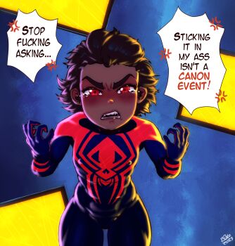 1girl aged_down anger_vein angry blue_background blush bodysuit brown_hair covered_erect_nipples cowboy_shot dark-skinned_female dark_skin english_text female_focus genderswap genderswap_(mtf) gradient_background highres leaning_forward loli looking_at_viewer marvel miguel_o'hara open_mouth randomboobguy red_eyes screen short_hair skin_tight solo speech_bubble spider-man:_into_the_spider-verse spider-man_(series) spider-verse standing teeth text_focus