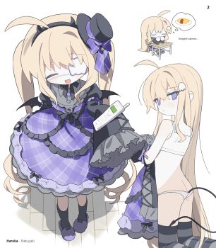 1girl ahoge blonde_hair bra daizu_(melon-lemon) demon_tail dress eyepatch fake_horns frilled_sleeves frills hairband hat highres holding holding_unworn_clothes horn_hairband horns juliet_sleeves long_hair long_sleeves looking_at_viewer multiple_views original panties puffy_sleeves purple_dress purple_eyes simple_background sleeves_past_fingers sleeves_past_wrists sports_bra striped_clothes striped_thighhighs tail thighhighs tilted_headwear twintails underwear undressing white_background white_bra white_panties