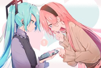 ! 2girls blue_eyes blue_hair cellphone collared_shirt commentary_request earpiece frilled_shirt_collar frills from_side hair_ornament hairband hatsune_miku highres jitome leaning_forward long_hair long_sleeves looking_down megurine_luka multiple_girls phone pink_hair profile shared_speech_bubble shirt smartphone speech_bubble spoken_exclamation_mark tapping_finger twintails upper_body vest vocaloid wanaxtuco