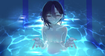1girl absurdres black_hair breasts cchiii chainsaw_man closed_mouth goddess_of_victory:_nikke hair_between_eyes hair_ribbon highres looking_at_viewer multicolored_hair partially_submerged pool purple_eyes purple_hair purple_ribbon ribbon scene_reference small_breasts smile solo syuen_(nikke) two-tone_hair water wet
