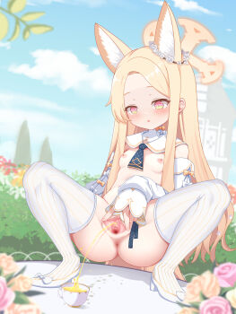 1girl absurdres animal_ear_fluff animal_ears anus blonde_hair blue_archive breasts censored cup detached_sleeves extra_ears flower fox_ears halo highres loli long_hair mosaic_censoring nipples outdoors pee pee_in_container peeing pussy seia_(blue_archive) sky sleeves_past_wrists small_breasts solo spread_pussy squatting striped_clothes thighhighs white_sleeves white_thighhighs yurikawa_chatora