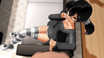 1boy 1girl 3d animated animated_gif black_hair breasts brown_eyes couch crossed_legs flim13 glasses hair_ornament hairclip handjob hetero indoors loli looking_at_viewer mitsu-san_(mmd) nipples non-web_source on_couch original panties penis pov pov_crotch sitting small_breasts solo_focus striped_clothes striped_thighhighs thighhighs twintails underwear