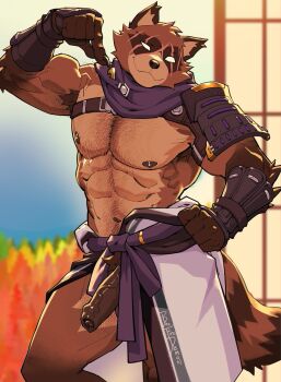 1boy abs animal_ears artist_name bara bonfiredemon claws closed_mouth commentary dated english_commentary facing_viewer flaccid foreskin fortnite furry furry_male hajime_(fortnite) hand_on_own_hip highres male_focus multiple_scars muscular muscular_male nipples paid_reward_available pectorals penis pointing pointing_down purple_scarf raccoon_boy raccoon_ears raccoon_tail scar scar_across_eye scar_on_face scarf shouji sliding_doors smile solo tail