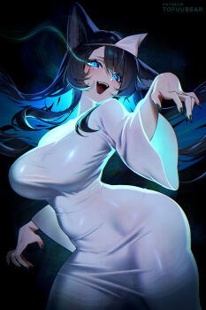 1girl absurdres animal_ears black_hair blue_eyes blue_hair blush breasts colored_inner_hair dress fox_ears fox_girl ghost_costume highres large_breasts long_hair long_sleeves looking_at_viewer multicolored_hair open_mouth original reiko_(tofuubear) smile solo tofuubear white_dress