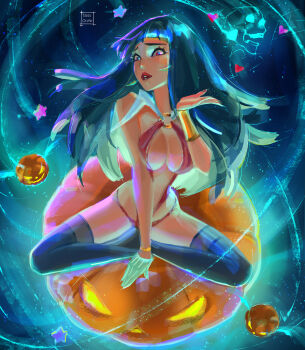 1girl artist_name black_hair blowing_kiss bracelet breasts cleavage commentary_request gold_bracelet heart highres indian_style jack-o'-lantern jewelry large_breasts long_hair looking_at_viewer narrow_waist o-ring o-ring_swimsuit paid_reward_available parted_lips red_lips red_slingshot_swimsuit sitting skull slingshot_swimsuit solo star_(symbol) swimsuit tatti_art vampirella vampirella_(character)