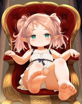 1girl barefoot commentary_request feet final_fantasy final_fantasy_xiv highres lalafell loli panties pink_hair pointy_ears shelldy sitting smile soles solo toes twintails underwear white_panties