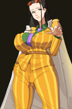 1girl 2025 belt belt_around_waist black_hair blue_eyes breasts brown_belt cameltoe coat coat_on_shoulders cosplay epaulettes formal_clothes green_shirt hard.d highres jacket kizaru_(one_piece) kizaru_(one_piece)_(cosplay) large_breasts long_sleeves necktie nico_robin one_piece pants pointing pointing_at_viewer purple_necktie shirt solo striped_clothes suit sunglasses vertical-striped_clothes white_coat yellow_jacket yellow_pants