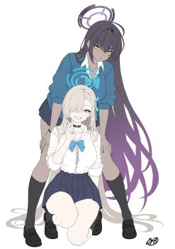 2girls absurdres asuna_(blue_archive) asuna_(school_uniform)_(blue_archive) black_choker black_nails black_shoes black_socks blonde_hair blue_archive blue_cardigan blue_eyes blue_halo blue_nails bow bowtie bracelet breasts brown_hair cardigan choker cleavage collarbone commentary_request dark_halo dark_skin hair_between_eyes hair_over_one_eye hair_ribbon halo hands_on_own_knees highres jewelry karin_(blue_archive) karin_(school_uniform)_(blue_archive) kneehighs kneeling large_breasts long_hair looking_at_viewer multicolored_hair multiple_girls on_one_knee open_mouth oto_jampan purple_halo ribbon school_uniform shirt shoes simple_background skirt smile socks tan two-tone_hair v very_long_hair white_background white_shirt yellow_eyes