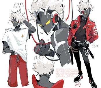 1boy artist_name badge belt belt_buckle wallet_chain billy_kid black_belt black_pants black_shirt black_shoes buckle cable chain commentary_request cropped_jacket cropped_legs cyborg drawstring facing_away gun hally hand_on_own_hip hand_under_clothes hand_under_shirt hand_up handgun highres holding holding_gun holding_weapon jacket looking_at_viewer looking_to_the_side male_focus messy_hair multiple_views notice_lines open_clothes open_jacket pants pouch red_jacket red_pants sheriff_badge shirt shoes short_hair short_sleeves simple_background sleepy spiked_hair squeans standing studded_belt t-shirt thigh_pouch thigh_strap translation_request turtleneck twitter_username upper_body watermark weapon white_background white_hair white_shirt yellow_eyes zenless_zone_zero