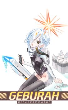 1girl :o absurdres backpack bag black_eyes black_thighhighs blue_archive blue_hair bodysuit character_name clothing_cutout covered_navel english_text geburah_(blue_archive) halo harpoon harpoon_gun highres hose looking_at_viewer medium_hair missile_pod red_halo rope simple_background sitting solo thigh_cutout thighhighs topgu unusual_pupils wet wet_clothes white_background