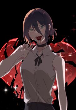 1girl black_choker black_ribbon blood blood_from_mouth chainsaw_man choker collared_shirt green_eyes grenade_pin hair_between_eyes hair_bun helgaokita highres looking_at_viewer neck_ribbon purple_hair reze_(chainsaw_man) ribbon severed_tongue shirt shirt_tucked_in sleeveless sleeveless_shirt solo tongue tongue_out white_shirt