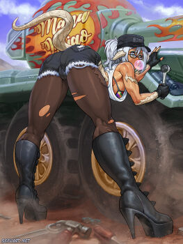 1girl against_vehicle ass au_ra bare_arms bare_shoulders baseball_cap bent_over bikini bikini_under_clothes black_boots black_gloves black_shorts blowing_bubble_gum boots breasts brown_pantyhose bubble_skirt chewing_gum commission crop_top crotch_seam cutoffs dragon_girl dragon_horns dragon_tail final_fantasy final_fantasy_xiv foreshortening from_behind from_below full_body glasses gloves grey_eyes hair_between_eyes hat high_heel_boots high_heels high_ponytail highres holding horns kneepits legs_apart long_hair looking_at_viewer looking_back mechanic military military_vehicle motor_vehicle pantyhose pantyhose_under_shorts ponytail scales shiny_skin short_shorts shorts sideboob silver_hair skirt sleeveless solo speh swimsuit tail tan tank toned tools torn_clothes torn_pantyhose warrior_of_light_(ff14)
