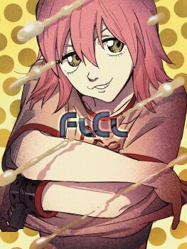 Rule 34 | 1girl, 2000s (style), alternate costume, flcl, hair between eyes, haruhara haruko, highres, light, pink hair, pink punk ponk, polka dot, polka dot background, shadow, shirt, short hair, solo, standing, teeth, undressing, upper body, yellow background