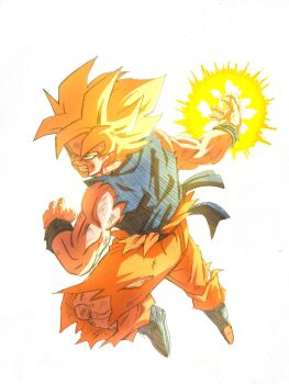 1boy aura blonde_hair blue_shirt clenched_teeth commentary_request dragon_ball dragonball_z full_body green_eyes highres male_focus muscular muscular_male orange_pants pants shirt simple_background solo son_goku spiked_hair super_saiyan super_saiyan_1 teeth torn_clothes torn_pants torn_shirt white_background yuyu09010316