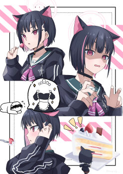 ! 1boy 1girl absurdres animal_ears apron black_choker black_dress black_hair black_jacket blue_archive brown_pantyhose cake cake_slice candy cat_ears chibi choker commentary_request doodle_sensei_(blue_archive) dotted_line dress feeding food fork fruit green_sailor_collar halo highres holding holding_candy holding_food holding_lollipop jacket kazusa_(blue_archive) lollipop long_sleeves maid maid_headdress maruaki mini_person minigirl multicolored_hair pantyhose pink_hair puffy_long_sleeves puffy_short_sleeves puffy_sleeves red_eyes sailor_collar sensei_(blue_archive) short_hair short_sleeves sleeves_past_wrists strawberry trembling two-tone_hair white_apron white_background