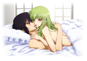 1boy 1girl bare_back bed bed_sheet black_hair blush c.c. code_geass finger_to_mouth green_hair holding kaname_aomame lelouch_vi_britannia long_hair lying nude on_back pillow purple_eyes yellow_eyes