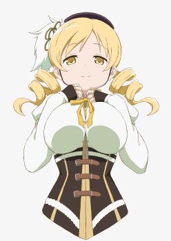 1girl absurdres beret black_hat blonde_hair breasts brown_gloves corset detached_sleeves drill_hair fingerless_gloves gloves hat highres large_breasts long_hair looking_at_viewer magical_girl mahou_shoujo_madoka_magica mahou_shoujo_madoka_magica_(anime) smile solo tomoe_mami twin_drills twintails usazirou539 yellow_eyes