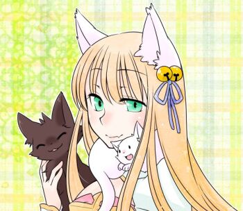 Rule 34 | 1girl, animal, animal around neck, animal ears, arch bishop (ragnarok online), bell, blonde hair, blue ribbon, blush, brown cat, cat, closed mouth, commentary request, cross, dress, fox ears, fox girl, green background, green eyes, hair bell, hair ornament, hair ribbon, jingle bell, long hair, looking at viewer, oekakipikki, pink dress, plaid background, ragnarok online, ribbon, smile, solo, two-tone dress, upper body, white cat, white dress