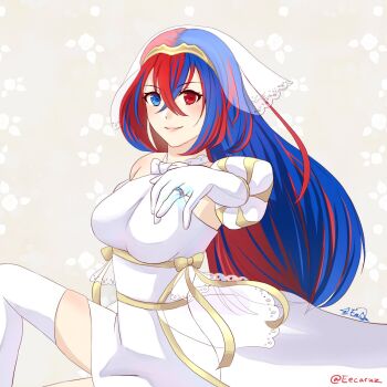 1girl alternate_costume blue_eyes blue_hair bridal_gauntlets bridal_veil bride commentary crossed_bangs dress eecaruz english_commentary female_alear_(fire_emblem) fire_emblem fire_emblem_engage heterochromia highres looking_at_viewer multicolored_hair nintendo red_eyes red_hair smile solo split-color_hair two-tone_hair veil wedding_dress