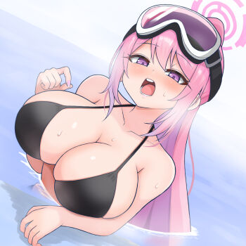 arm_under_breasts bikini black_bikini blue_archive blush breasts cleavage commentary_request eimi_(blue_archive) eimi_(swimsuit)_(blue_archive) goggles halo halterneck huge_breasts long_hair looking_at_viewer official_alternate_costume open_mouth partially_submerged pink_eyes pink_hair pink_halo ponytail sidelocks ski_goggles sweat swimsuit user_kruv4844 water