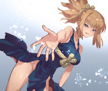 1girl bare_arms bare_shoulders blonde_hair blood blood_on_face blue_dress blue_eyes breasts bruise bruise_on_face choker crying crying_with_eyes_open dr._stone dress gradient_background high_ponytail injury kohaku_(dr._stone) large_breasts looking_at_viewer medium_hair ninomae_gin no_panties outstretched_arm outstretched_hand parted_lips ponytail reaching reaching_towards_viewer rope rope_around_waist rope_belt shimenawa short_dress side_slit sidelocks signature simple_background sleeveless sleeveless_dress solo tears thighs white_choker white_rope