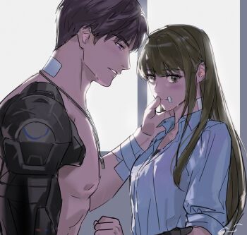 1boy 1girl bandaged_arm bandages bandaid bandaid_on_neck blush breasts brown_hair caleb_(love_and_deepspace) chestnut_lad collared_shirt couple crying hair_between_eyes hand_on_another&#039;s_face hetero highres long_hair looking_at_another love_and_deepspace mechanical_arms medium_breasts parted_lips pink_eyes protagonist_(love_and_deepspace) shirt short_hair single_mechanical_arm sleeves_rolled_up tears topless_male upper_body white_shirt