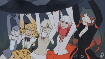 10s 5girls alpaca_ears alpaca_suri_(kemono_friends) animal_ears arms_up bird_tail bird_wings elbow_gloves closed_eyes gloves hair_over_one_eye head_wings hippopotamus_(kemono_friends) jaguar_(kemono_friends) jaguar_ears japanese_crested_ibis_(kemono_friends) kemono_friends multiple_girls parody precure quality rakuma_kanori skirt small-clawed_otter_(kemono_friends) spoilers tail wings yes!_precure_5 yes!_precure_5_gogo!