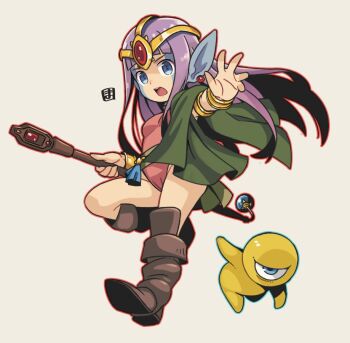 Rule 34 | 1girl, 1other, arm up, armlet, blue eyes, boots, bracelet, brown boots, brown cloak, casting spell, cloak, commentary request, cyclops, esper (saga), gem, grey background, hair ornament, highleg, highleg leotard, jewelry, knee boots, leg up, leotard, long hair, magic, mawaru (mawaru), monster, one-eyed, open mouth, pink leotard, purple hair, saga, saga 1, saga 2, simple background, standing, standing on one leg, teacher (saga 2), thighs, wand