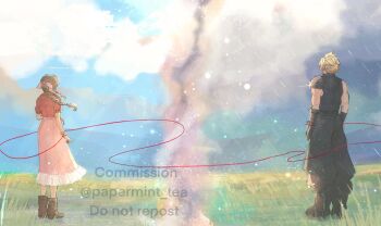 1boy 1girl aerith_gainsborough armor armored_gloves baggy_pants bangle black_pants blonde_hair boots bracelet braid braided_ponytail brown_boots brown_hair cloud cloud_strife cloudy_sky commission cropped_jacket dress facing_away field final_fantasy final_fantasy_vii final_fantasy_vii_rebirth final_fantasy_vii_remake full_body hair_ribbon highres jacket jewelry long_dress outdoors pants papermint_tea pauldrons pink_dress pink_ribbon rain red_jacket ribbon shoulder_armor sidelocks single_bare_shoulder single_braid single_pauldron sky sleeveless sleeveless_turtleneck string string_of_fate turtleneck twitter_username