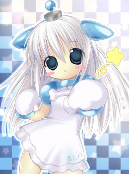 1girl 2000s_(style) absurdres animal_ears blue_eyes blush_stickers bone collar commentary commission cowboy_shot dog_ears dog_girl dress english_commentary full_body gloves highres incoming_attack long_hair looking_at_viewer original punching radio_antenna robot_ears robot_girl ryuudouji_(p0myu) skeb_commission solo standing star_(symbol) very_long_hair white_dress white_gloves white_hair