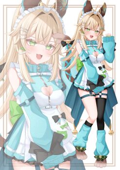 1girl :d ahoge alternate_costume animal_hands black_bow black_socks black_thighhighs blonde_hair blue_dress blush bow breasts cat_paws cleavage clothing_cutout commentary_request dress fingernails genshin_impact green_eyes green_nails hair_between_eyes hair_ornament hairclip hand_up heart_cutout highres kirara_(genshin_impact) komor_yuki long_hair medium_breasts multiple_tails o-ring o-ring_thigh_strap open_mouth shoulder_cutout single_sock single_thighhigh sleeves_past_wrists smile socks tail tail_bow tail_ornament thigh_strap thighhighs two_tails very_long_hair zoom_layer