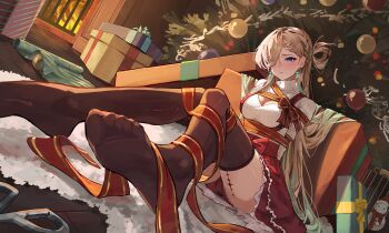 1girl :i absurdres alternate_costume black_thighhighs blonde_hair blush box breasts christmas_tree cleavage cleavage_cutout clothing_cutout commentary dutch_angle earrings english_commentary erikvarts eyes_visible_through_hair gift gift_box hair_ornament hair_over_one_eye highres indoors jewelry knees_together_feet_apart long_hair looking_at_viewer lynae_(wuthering_waves) medium_breasts no_shoes pout purple_eyes red_skirt sitting skirt skull_hair_ornament solo star_(symbol) star_earrings sweater sweater_tucked_in tacet_mark_(wuthering_waves) thighhighs white_sweater wuthering_waves