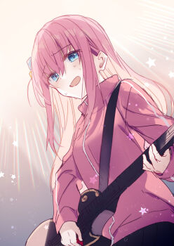 1girl blue_eyes bocchi_the_rock! cowboy_shot crossed_bangs cube_hair_ornament dutch_angle from_below gotoh_hitori gradient_background guitar hair_between_eyes hair_bobbles hair_ornament holding holding_instrument instrument jacket kazutake_hazano light_beam long_hair looking_down music nervous nervous_smile one_side_up open_mouth pink_hair pink_jacket playing_instrument plectrum raised_eyebrows sidelocks sketch smile solo star_(symbol) sweatdrop track_jacket