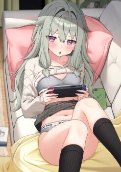 1girl :o aran_sweater artist_name black_socks blush breasts brown_skirt brown_sweater cable_knit cellphone charl2837 clothes_lift clothes_writing collarbone commentary_request convenient_leg couch cushion dot_nose fingernails green_hair green_nails grey_sports_bra grey_sports_panties hair_between_eyes hair_flaps handheld_game_console highres holding holding_handheld_game_console indoors kneehighs knees_up kusanagi_nene long_fingernails long_hair long_sleeves looking_at_viewer low-tied_sidelocks lying nail_polish navel nintendo_switch on_back on_couch open_mouth panties phone pleated_skirt project_sekai purple_eyes ribbed_socks shirt_lift sidelocks skirt skirt_lift small_breasts smartphone socks solo sports_bra stomach sweat sweater underwear underwear_writing