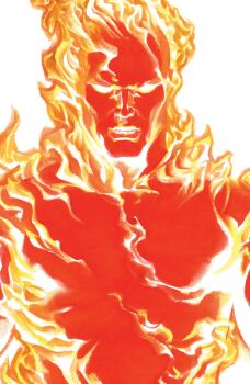 1boy absurdres alex_ross comic_cover cover cover_page fantastic_four fiery_hair fire flaming_head highres human_torch johnny_storm looking_at_viewer male_focus marvel official_art pyrokinesis solo upper_body western_comics_(style) white_background